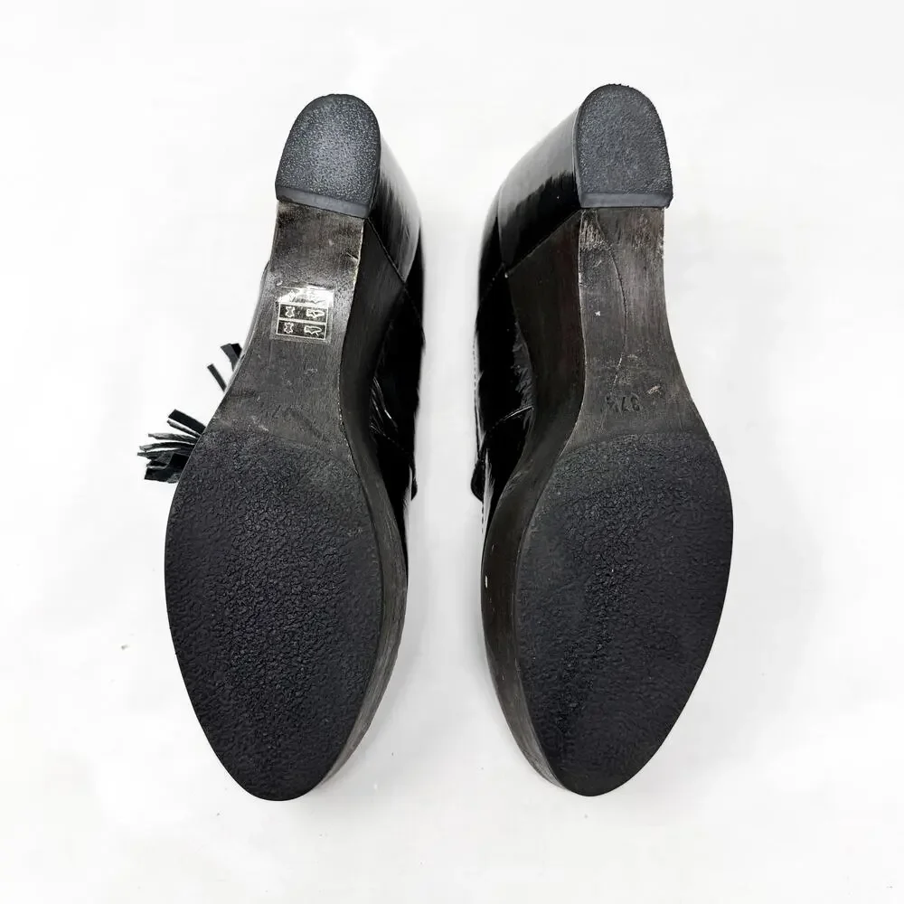 [Sonia Rykiel] Black Patent Leather Platform Wedges Tasseled Oxford Heels Sz 7.5